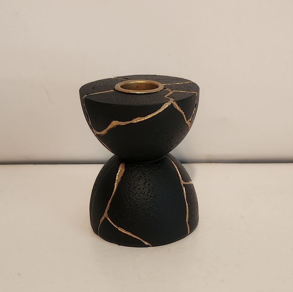 Brand New 3 1/2” Tapper Candle Holder Black and Gold Geometric Half Sphere